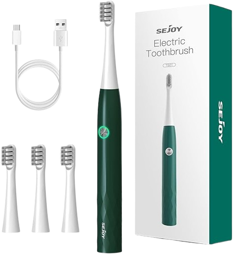 Sejoy Elektryczna szczoteczka do zębów, akumulator Power Toothrush z 4 głowicami szczotek, 3 tryby i 2 minuty, wbudowany inteligentny timer, elektryczna szczoteczka do zębów dla dorosłych i